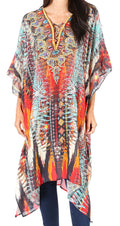 Sakkas Kristy Long Tall Lightweight Caftan Dress / Cover Up With V-Neck Jewels#color_17124-RedWhiteBlue