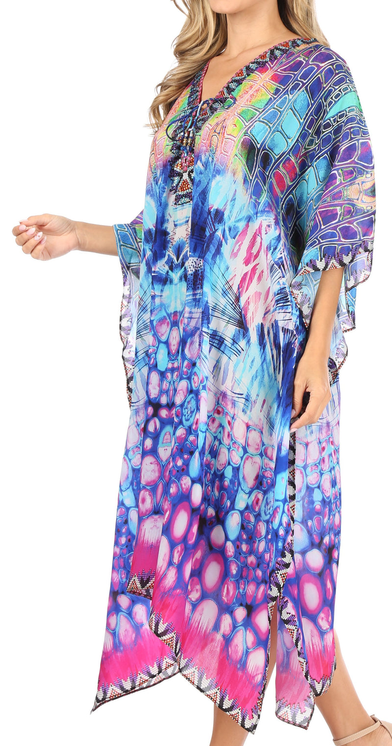 Sakkas Kristy Long Tall Lightweight Caftan Dress / Cover Up With V-Neck Jewels