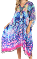 Sakkas Kristy Long Tall Lightweight Caftan Dress / Cover Up With V-Neck Jewels#color_17128-TurqPink