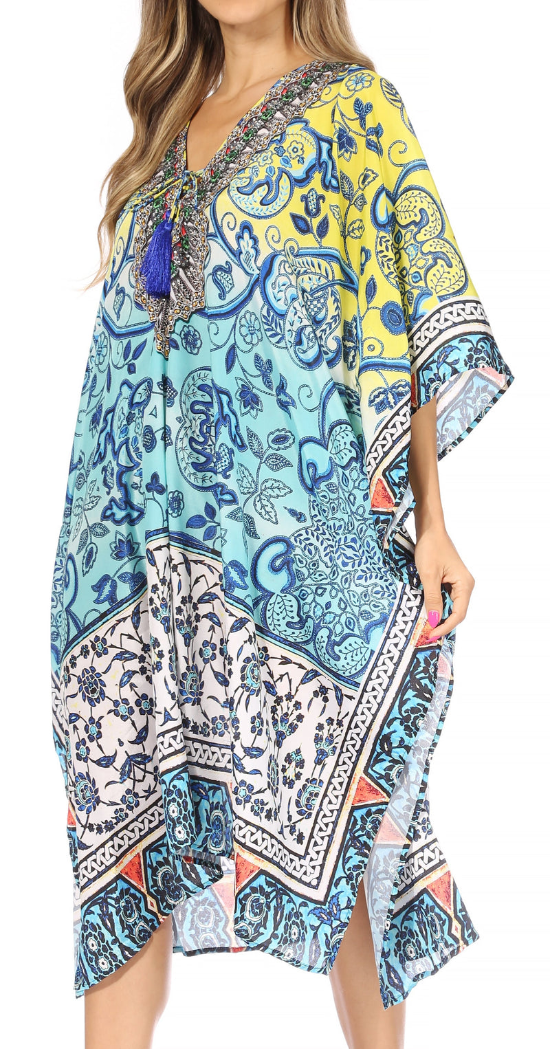 Sakkas Kristy Long Tall Lightweight Caftan Dress / Cover Up With V-Neck Jewels