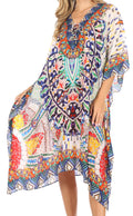 Sakkas Kristy Long Tall Lightweight Caftan Dress / Cover Up With V-Neck Jewels#color_17137-WhiteTurquoise