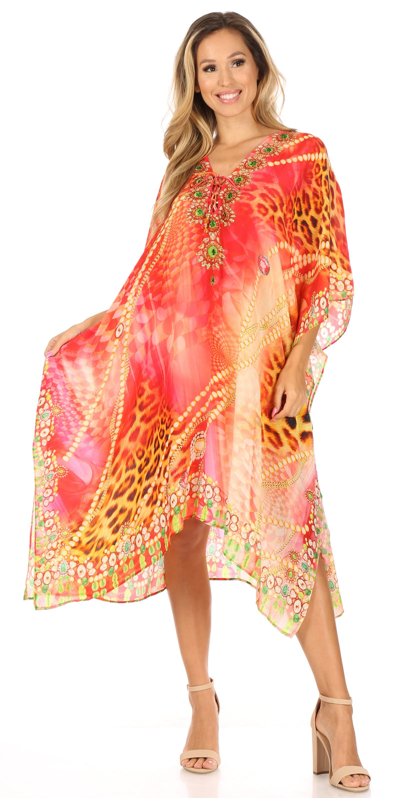 Sakkas Kristy Long Tall Lightweight Caftan Dress / Cover Up With V-Neck Jewels