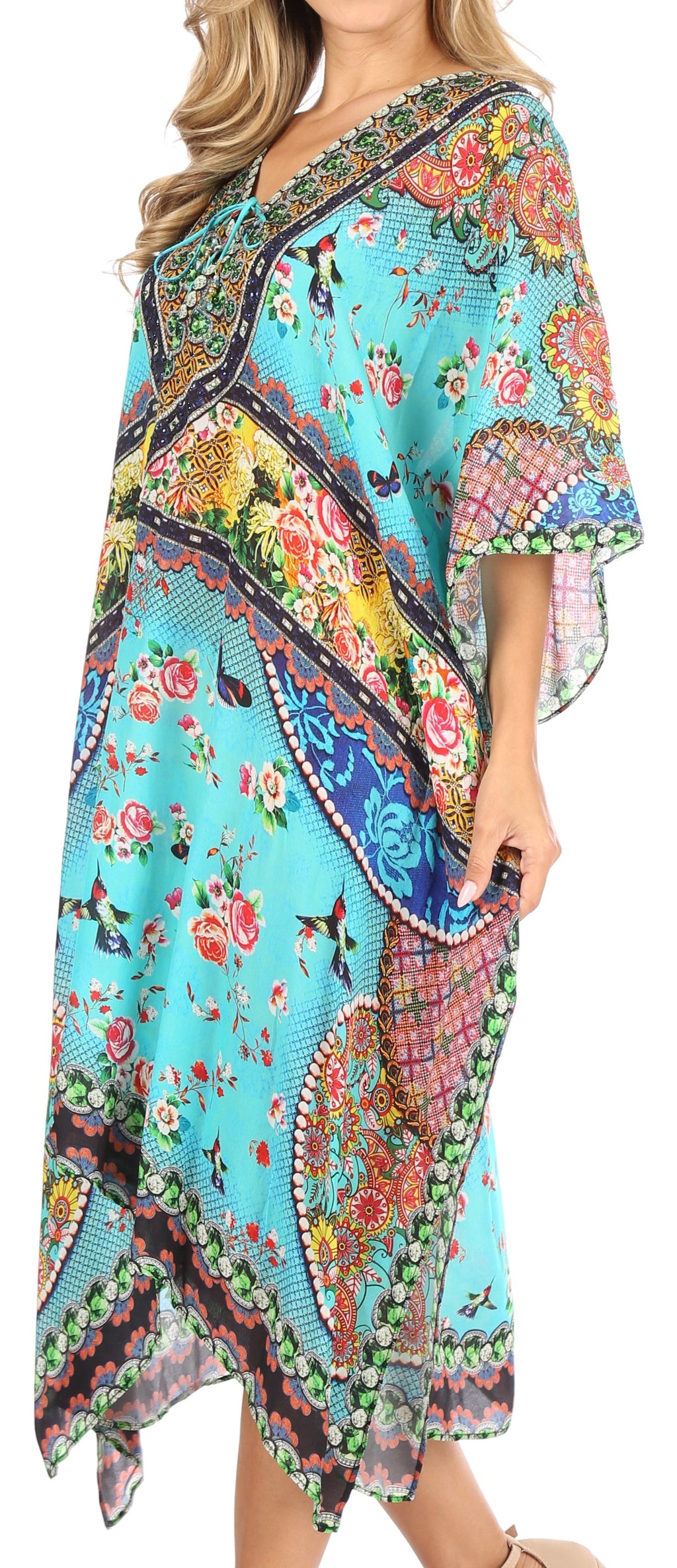 Robe Caftan Longue Et Légère Pour Plage Ou été - Col En V Avec Strass, Motif Tribal, Taille Unique (jusqu'à 142 Cm De Tour De Buste)