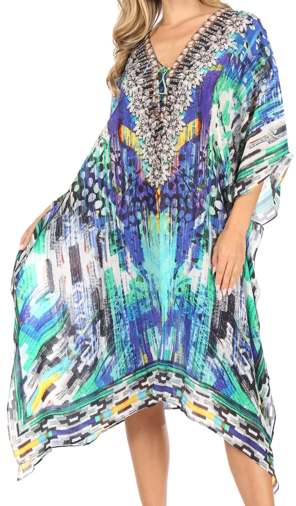 Sakkas Kristy Long Tall Lightweight Caftan Dress / Cover Up With V-Neck Jewels#color_Blue