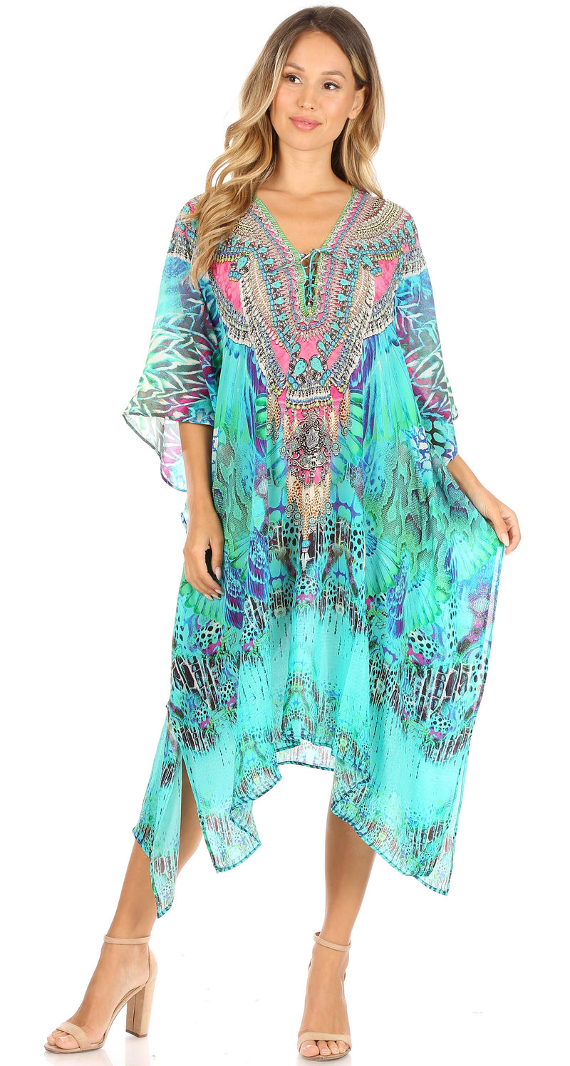 Sakkas Kristy Long Tall Lightweight Caftan Dress / Cover Up With V-Neck Jewels