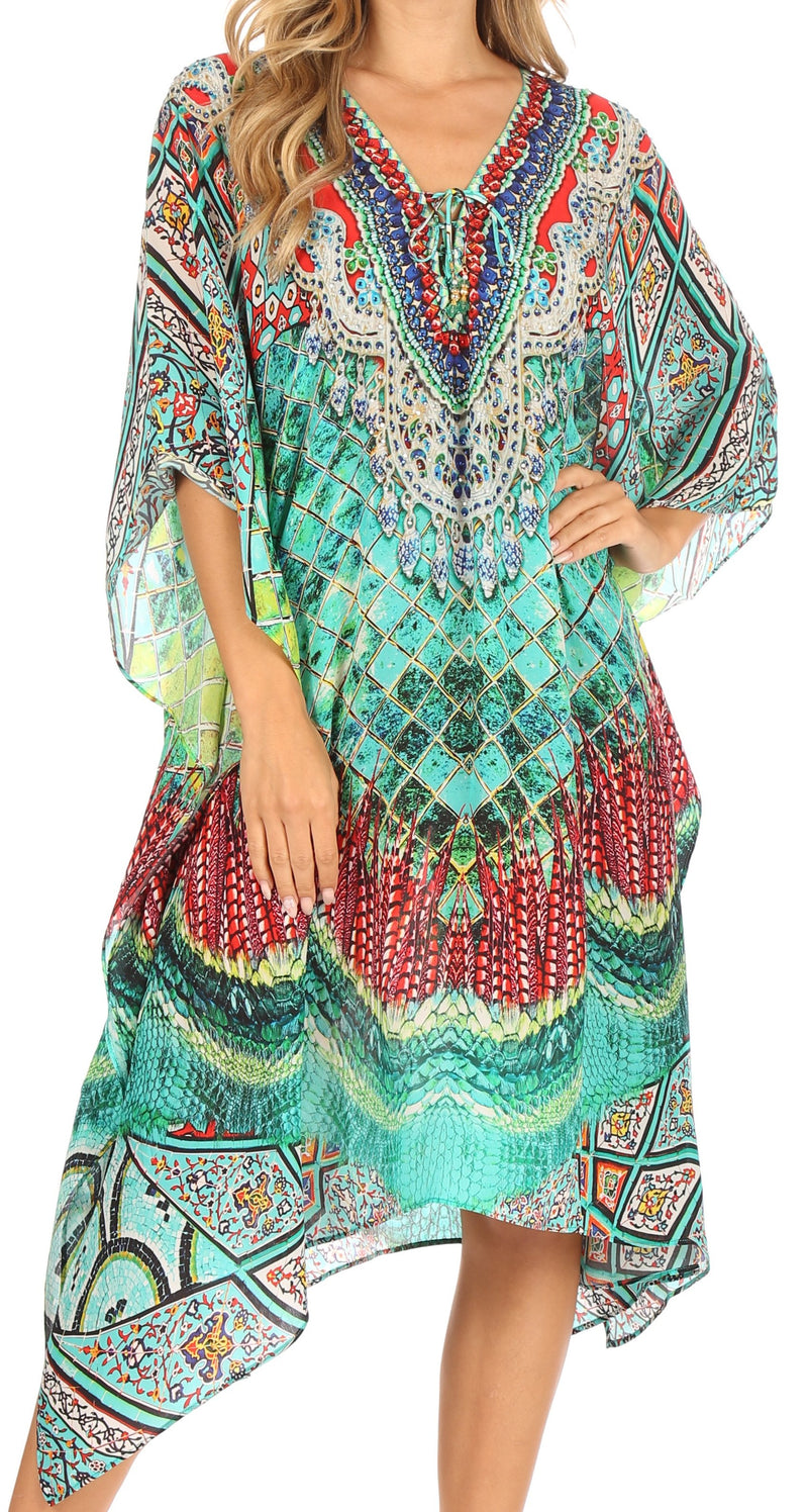 Sakkas Kristy Long Tall Lightweight Caftan Dress / Cover Up With V-Neck Jewels