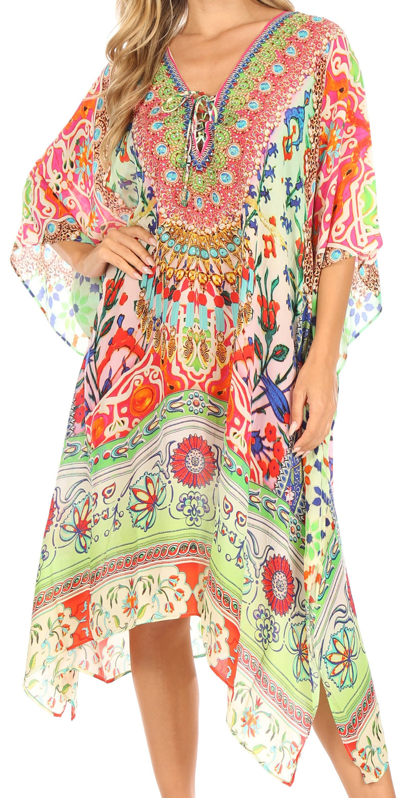 Sakkas Kristy Long Tall Lightweight Caftan Dress / Cover Up With V-Neck Jewels