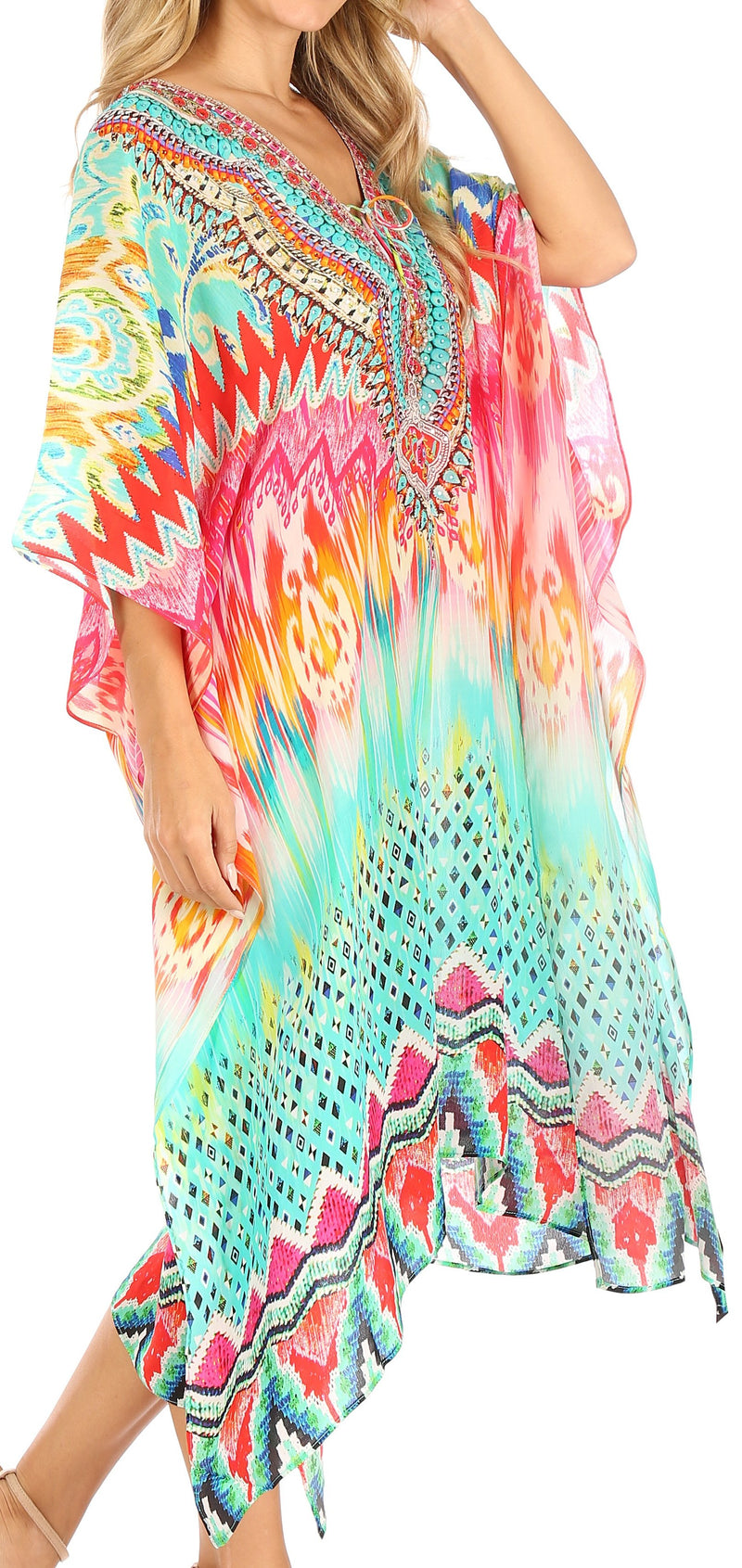 Sakkas Kristy Long Tall Lightweight Caftan Dress / Cover Up With V-Neck Jewels