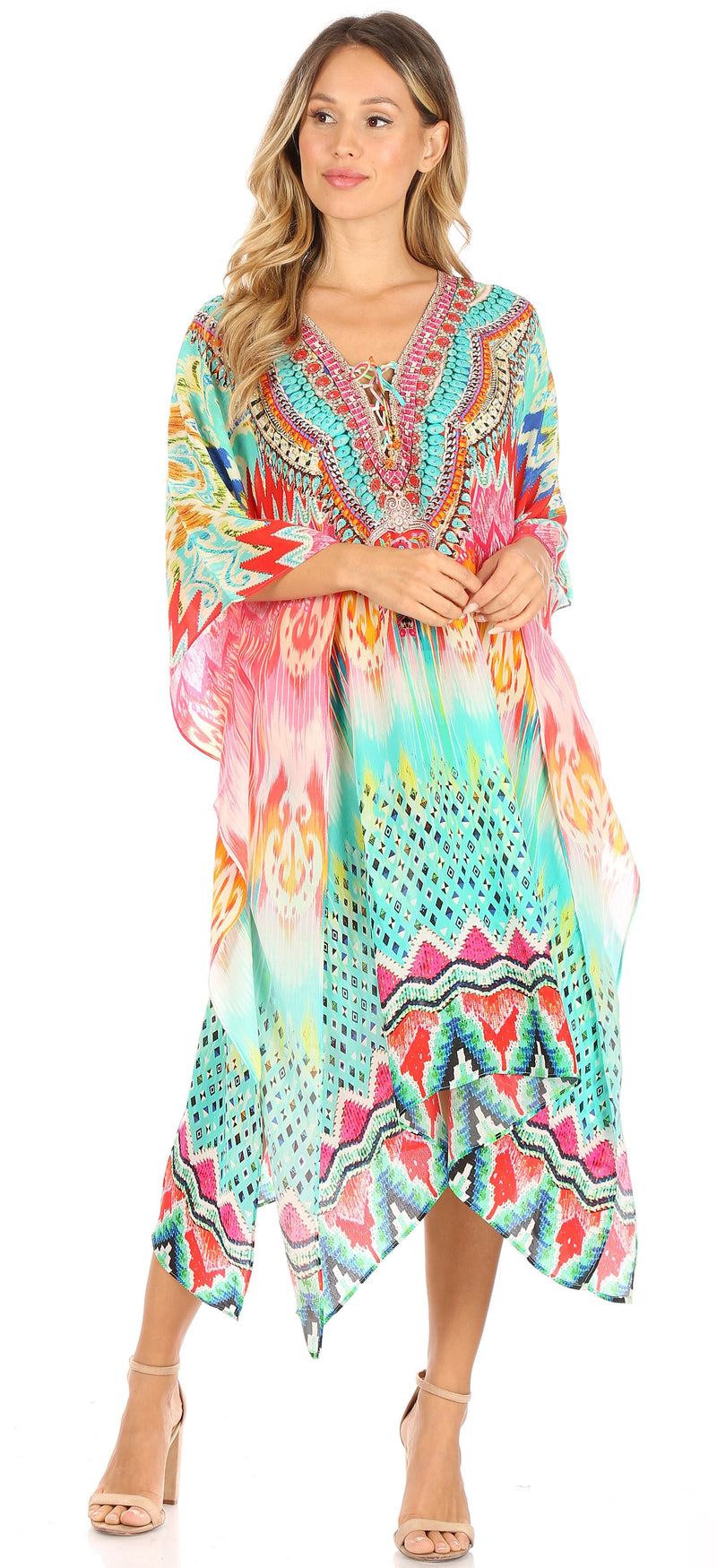 Sakkas Kristy Long Tall Lightweight Caftan Dress / Cover Up With V-Neck Jewels