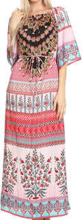 Sakkas Efiya Long Printed Kaftan Off The Shoulder Ruffled Tie-Waist Maxi Dress#color_17034-Pink/Turquoise