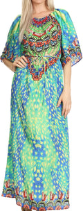 Sakkas Efiya Long Printed Kaftan Off The Shoulder Ruffled Tie-Waist Maxi Dress#color_17035-Green/Blue