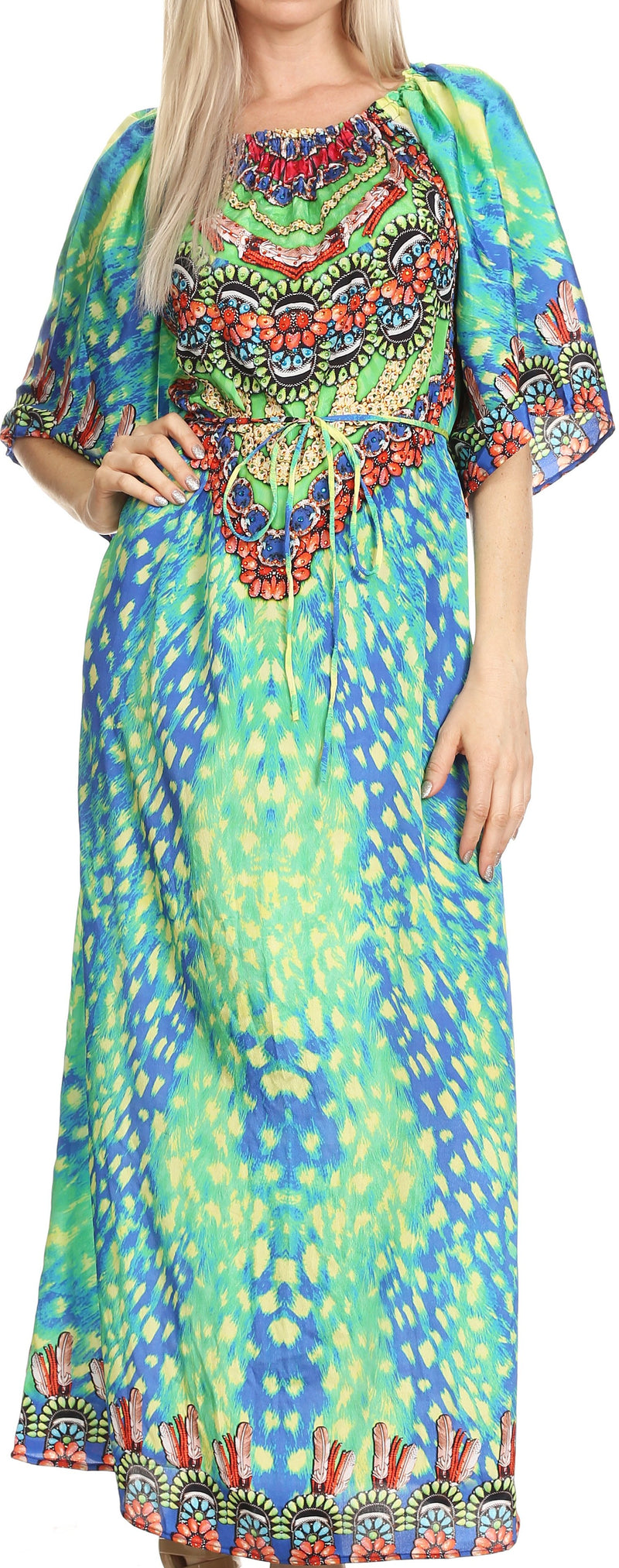 Sakkas Efiya Long Printed Kaftan Off The Shoulder Ruffled Tie-Waist Maxi Dress