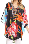 Sakkas Tallulah Wide Circle Blouse V Neck Top With Tassle Ties And Rhinestones#color_BlackFloral