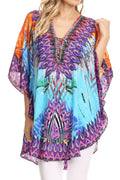 Sakkas Tallulah Wide Circle Blouse V Neck Top With Tassle Ties And Rhinestones#color_Turquoise / Orange