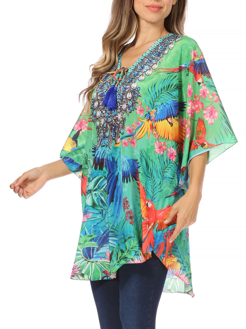 Sakkas Tallulah Wide Circle Blouse V Neck Top With Tassle Ties And Rhinestones