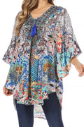 Sakkas Tallulah Wide Circle Blouse V Neck Top With Tassle Ties And Rhinestones#color_464