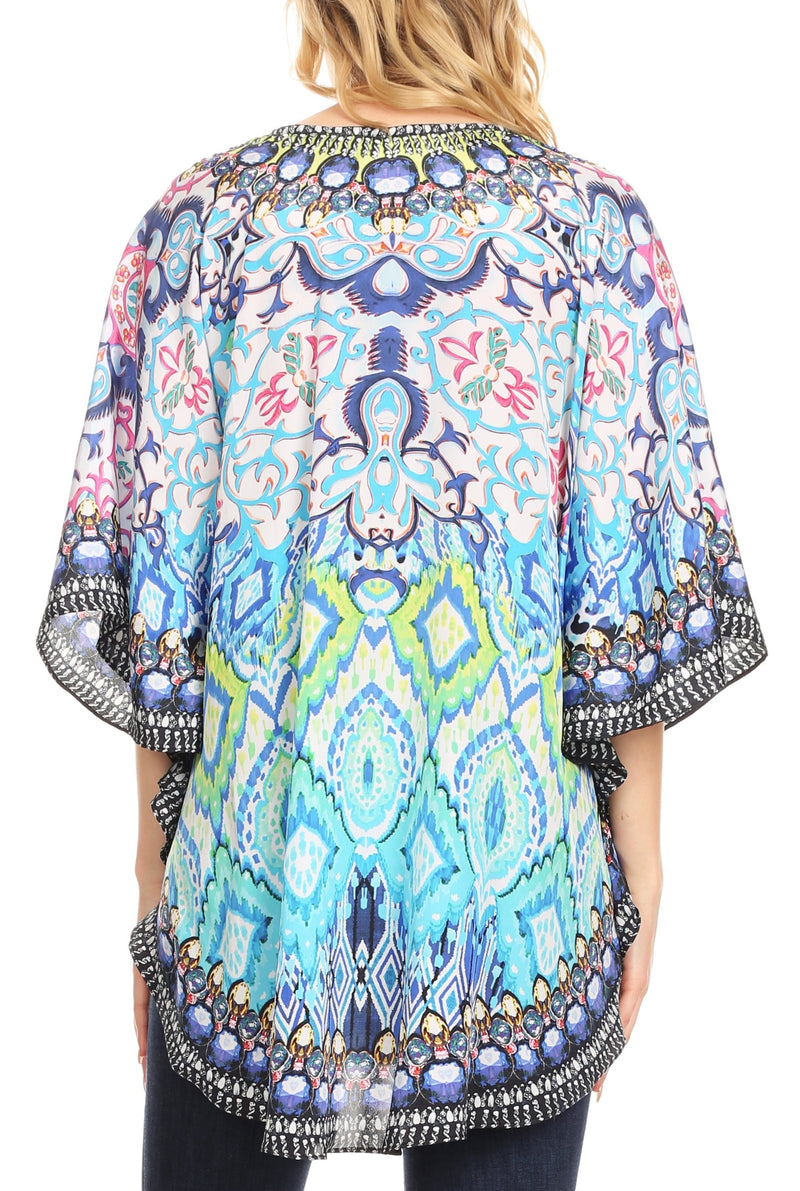 Sakkas Tallulah Wide Circle Blouse V Neck Top With Tassle Ties And Rhinestones