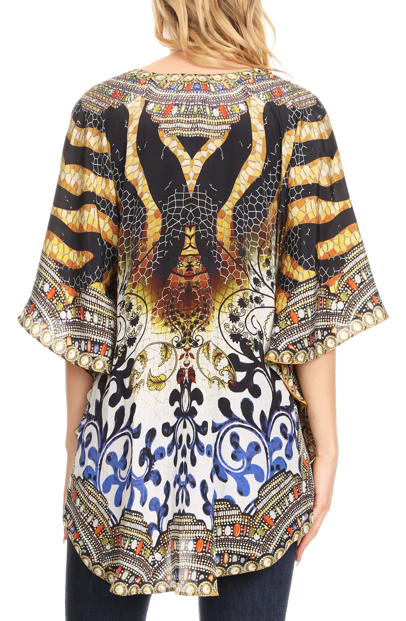 Sakkas Tallulah Wide Circle Blouse V Neck Top With Tassle Ties And Rhinestones