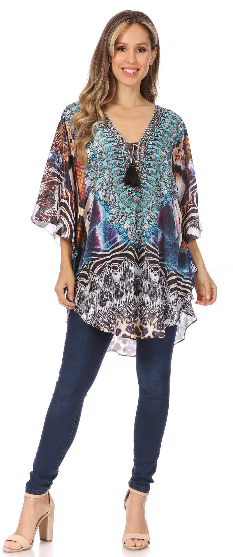 Sakkas Tallulah Wide Circle Blouse V Neck Top With Tassle Ties And Rhinestones