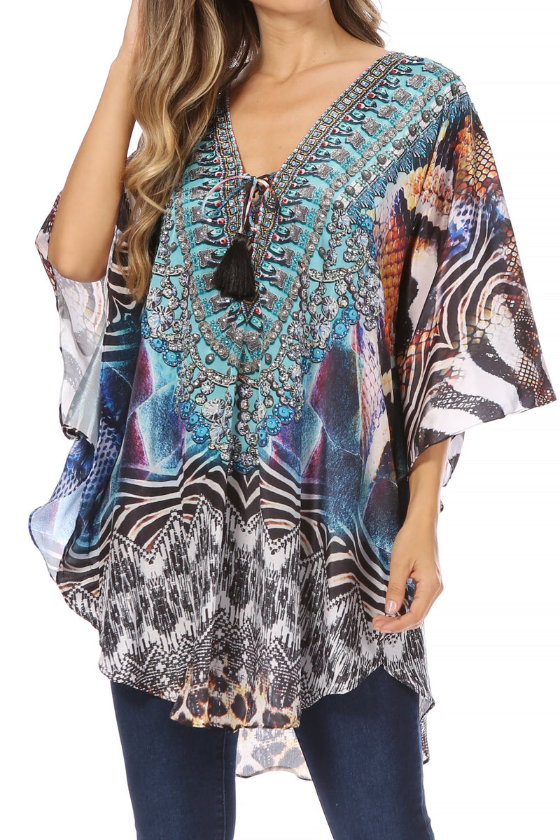 Sakkas Tallulah Wide Circle Blouse V Neck Top With Tassle Ties And Rhinestones