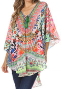 Sakkas Tallulah Wide Circle Blouse V Neck Top With Tassle Ties And Rhinestones#color_TM208-Multi