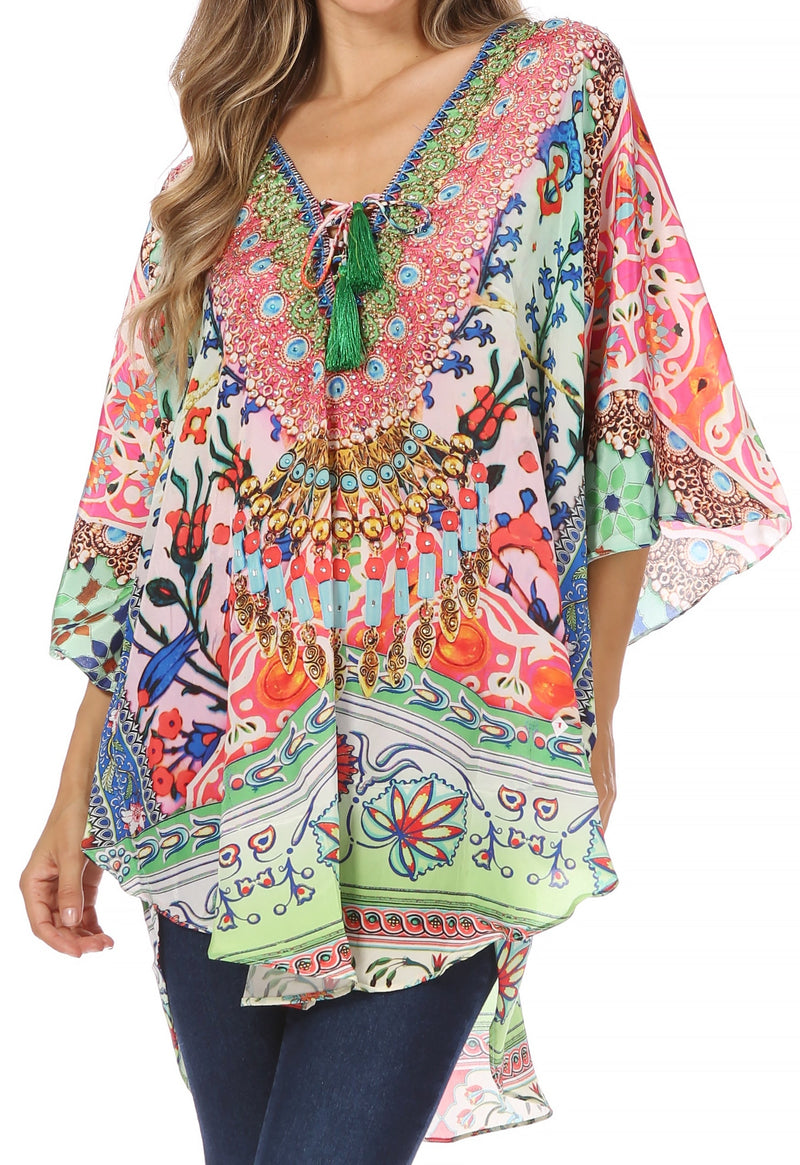 Sakkas Tallulah Wide Circle Blouse V Neck Top With Tassle Ties And Rhinestones