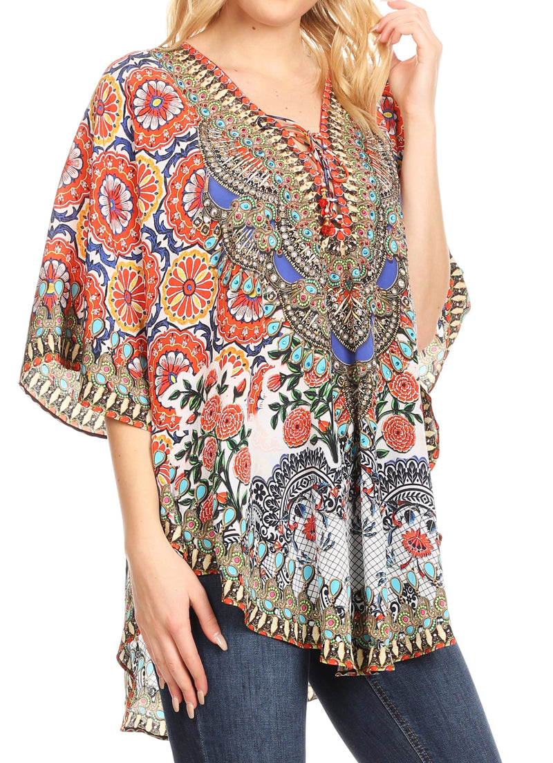 Sakkas Tallulah Wide Circle Blouse V Neck Top With Tassle Ties And Rhinestones