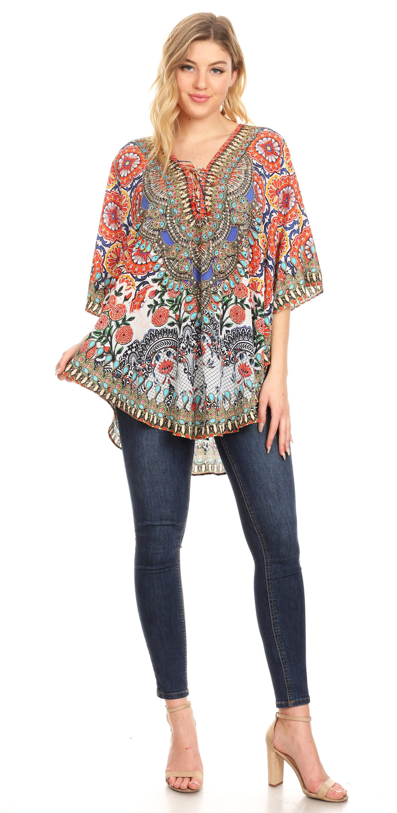 Sakkas Tallulah Wide Circle Blouse V Neck Top With Tassle Ties And Rhinestones