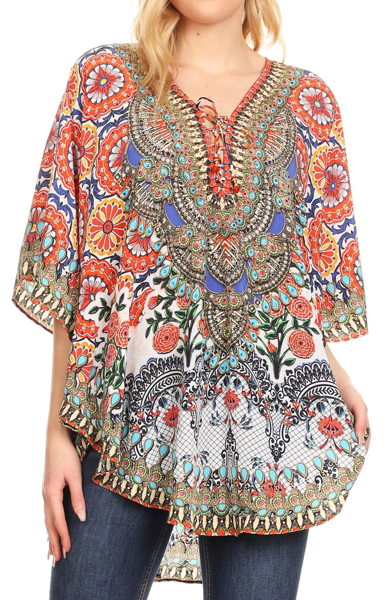 Sakkas Tallulah Wide Circle Blouse V Neck Top With Tassle Ties And Rhinestones