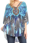 Sakkas Tallulah Wide Circle Blouse V Neck Top With Tassle Ties And Rhinestones#color_ZB55-Blue