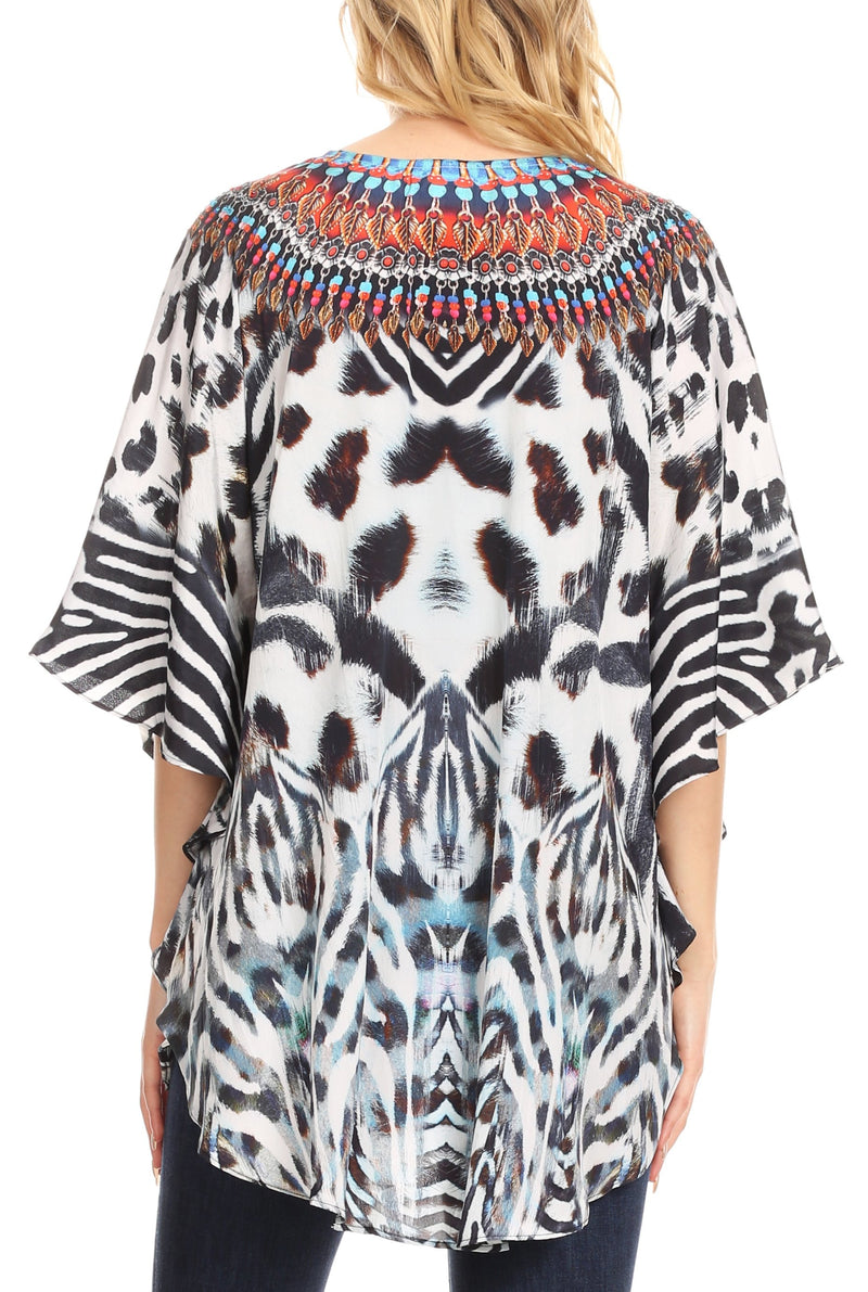 Sakkas Tallulah Wide Circle Blouse V Neck Top With Tassle Ties And Rhinestones