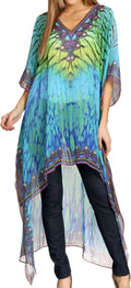 Sakkas Zeke Hi Low V-Neck Caftan Dress Printed Top Cover / Up #color_Turquoise/Yellow