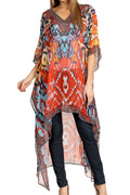 Sakkas Zeke Hi Low V-Neck Caftan Dress Printed Top Cover / Up #color_OrangeMulti