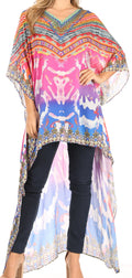 Sakkas Zeke Hi Low V-Neck Caftan Dress Printed Top Cover / Up #color_Blue / Pink