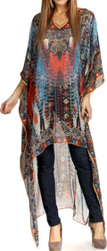 Sakkas Zeke Hi Low V-Neck Caftan Dress Printed Top Cover / Up #color_Blue/Red