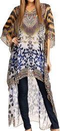 Sakkas Zeke Hi Low V-Neck Caftan Dress Printed Top Cover / Up #color_Blue/Brown