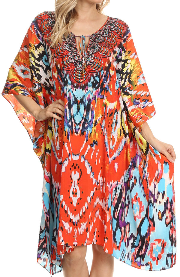 Sakkas Jenni Printed Caftan Dress / Cover Up With Adjustable Neck / Rhinestones#color_OrangeMulti