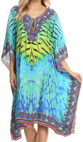 Sakkas Jenni Printed Caftan Dress / Cover Up With Adjustable Neck / Rhinestones#color_Blue/Yellow