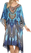 Sakkas Jenni Printed Caftan Dress / Cover Up With Adjustable Neck / Rhinestones#color_Turquoise/Black