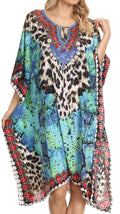Sakkas Jenni Printed Caftan Dress / Cover Up With Adjustable Neck / Rhinestones#color_TuquoiseMulti