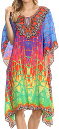 Sakkas Jenni Printed Caftan Dress / Cover Up With Adjustable Neck / Rhinestones#color_Blue/Pink