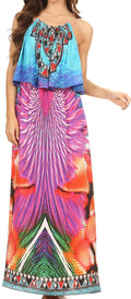 Sakkas Itika Sleeveless Printed Overlay Maxi Dress | Cover Up with Ruched Neckline#color_17011-Turq