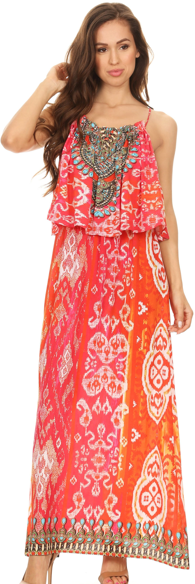 Sakkas Itika Sleeveless Printed Overlay Maxi Dress | Cover Up with Ruched Neckline