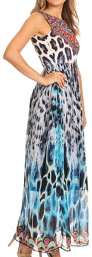 Sakkas Afia Animal Print Empire Waist sleeveless Long Dress with Embellishment