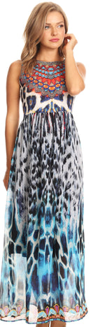 Sakkas Afia Animal Print Empire Waist sleeveless Long Dress with Embellishment