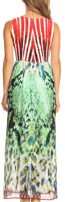 Sakkas Afia Animal Print Empire Waist sleeveless Long Dress with Embellishment