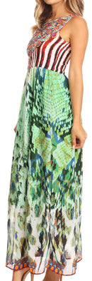 Sakkas Afia Animal Print Empire Waist sleeveless Long Dress with Embellishment