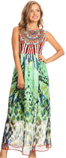 Sakkas Afia Animal Print Empire Waist sleeveless Long Dress with Embellishment