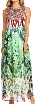 Sakkas Afia Animal Print Empire Waist sleeveless Long Dress with Embellishment#color_17212-Greenmulti 