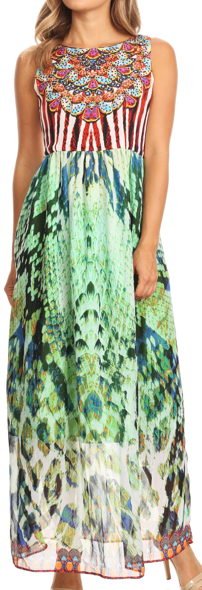 Sakkas Afia Animal Print Empire Waist sleeveless Long Dress with Embellishment